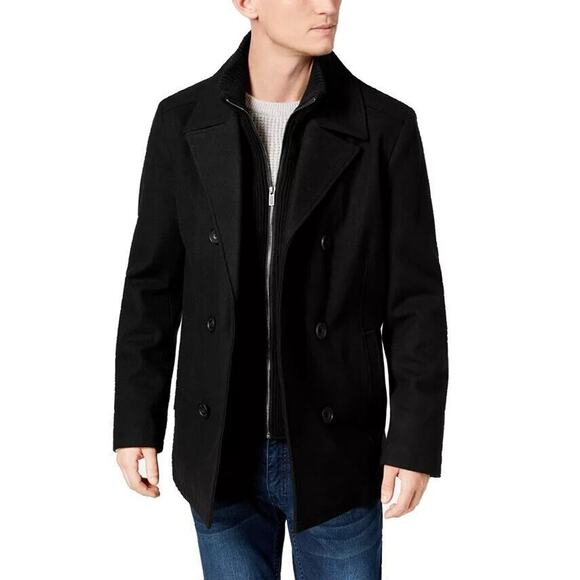 Kenneth Cole Men's Black Wool Blend Double Breasted Classic Peacoat Size L - Picture 1 of 9